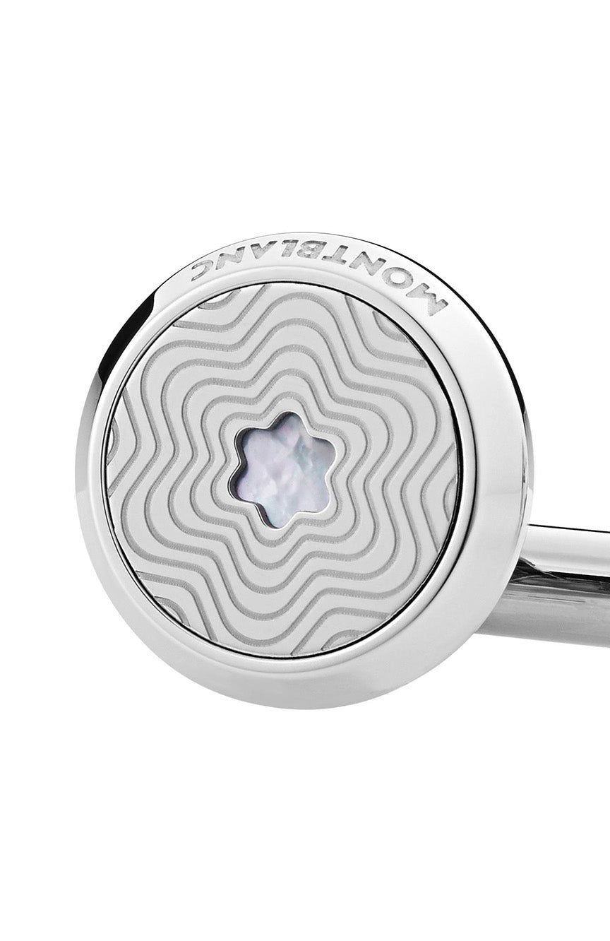 Montblanc Round Cufflinks in Stainless Steel with Exploding Star Pattern and Mother of Pearl Snowcap Emblem