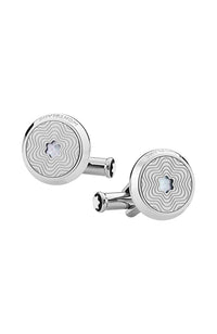 Montblanc Round Cufflinks in Stainless Steel with Exploding Star Pattern and Mother of Pearl Snowcap Emblem