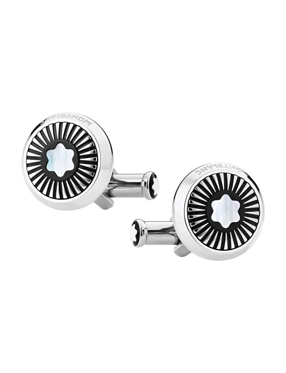 Montblanc Cufflinks round in stainless steel with ray pattern and mother of pearl snowcap emblem