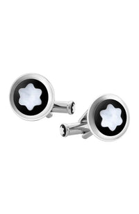 Montblanc Cufflinks round in stainless steel with black PVD inlay and mother of pearl snowcap emblem