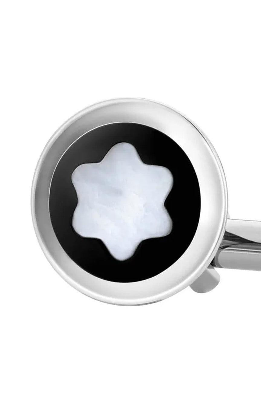 Montblanc Cufflinks round in stainless steel with black PVD inlay and mother of pearl snowcap emblem