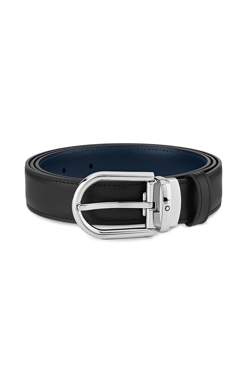 Montblanc Horseshoe buckle black/blue 30 mm reversible leather belt Paladium