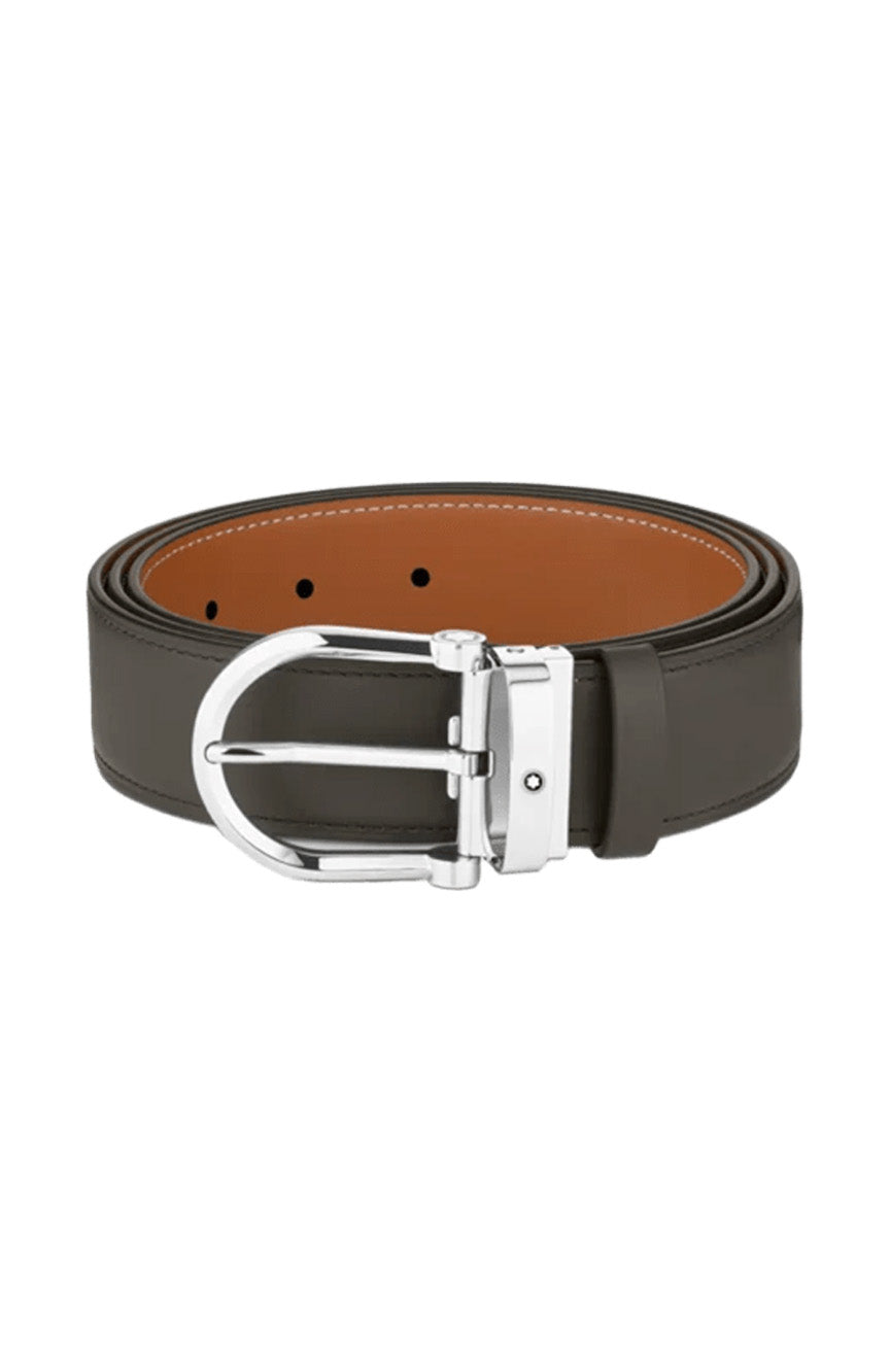 حزام جلدي قابل للعكس من Montblanc Horseshoe بألوان دخانية/بنية مقاس 35 مم