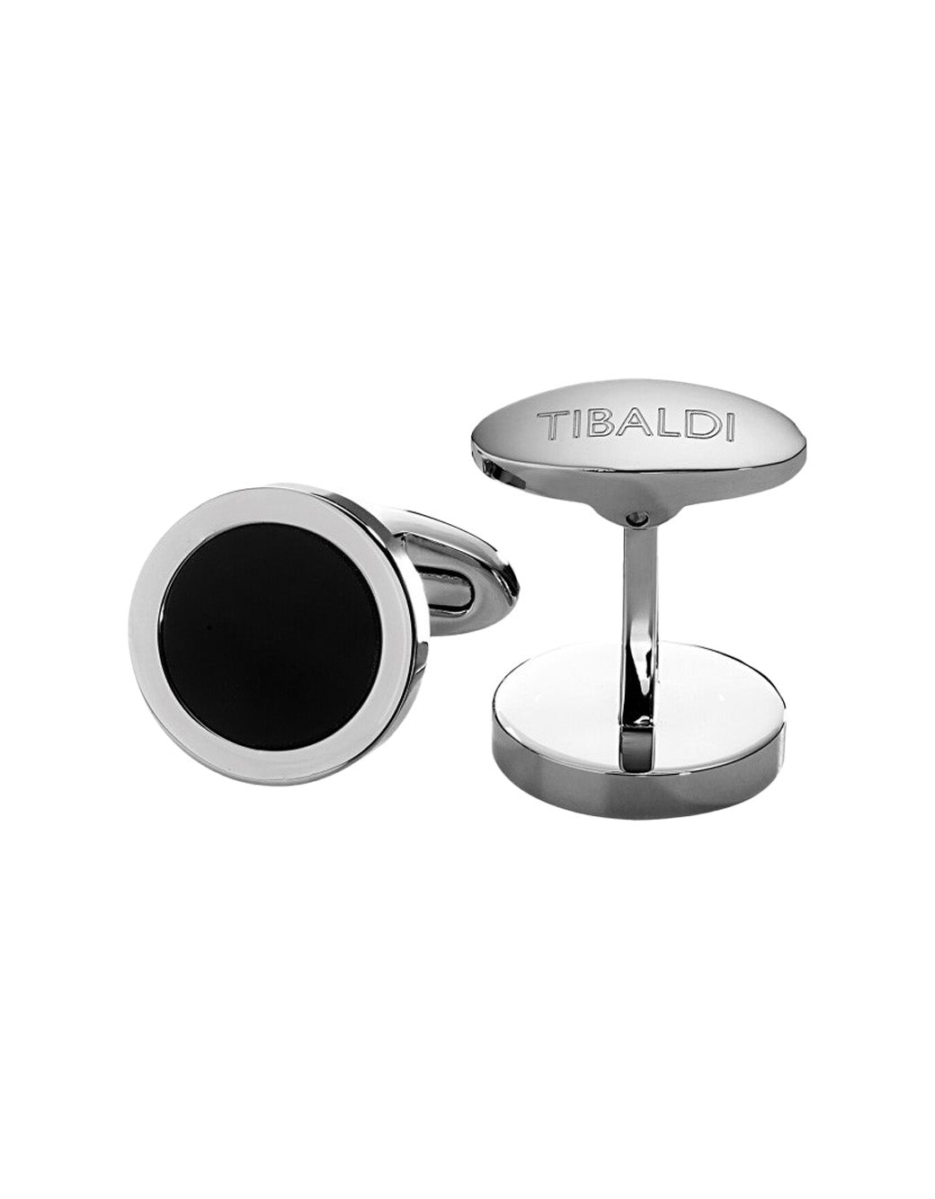 Tibaldi Round -Button Stainless Steel Cufflinks With Black Onyx  Inlay