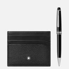 Montblanc Set with Meisterstuck Platinum Coated Classique Ballpoint Pen and Meisterstuck Soft Grain Pocket 6cc
